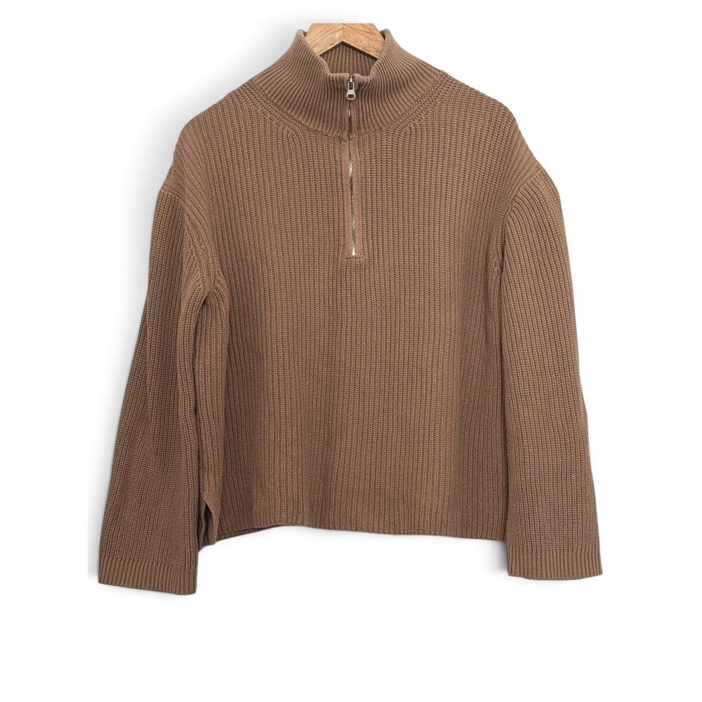 ALLFENIX Womens Camel Brown Ribbed Quarter Zip Mock Neck Sweater Small